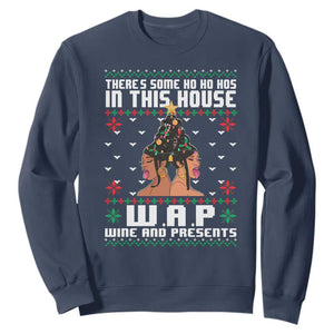 Funny Christmas Sweatshirt There Is Some Ho Ho Hos In This House WAP Wine And Present TS09 Navy Print Your Wear