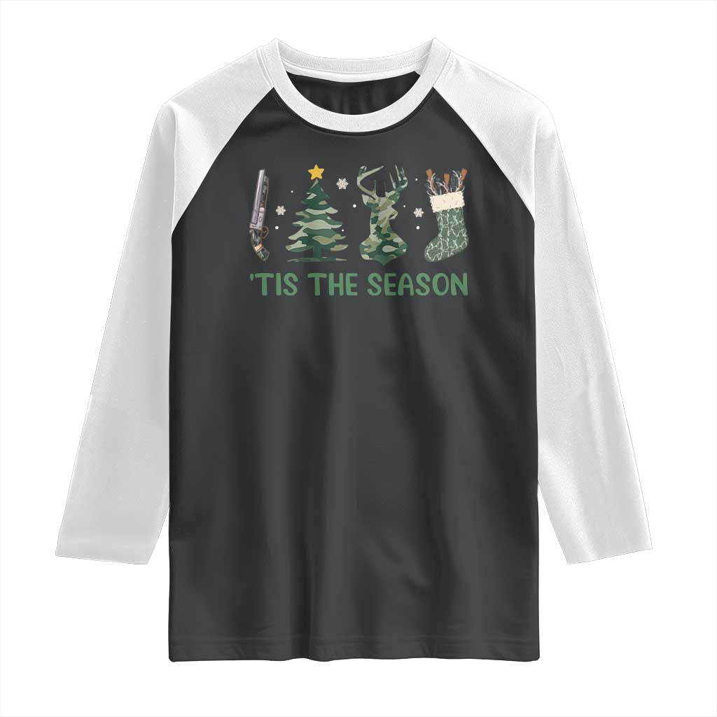 Christmas Hunting Raglan Shirt Tis The Season Hunting Camo Hunter TS09 Black White Print Your Wear