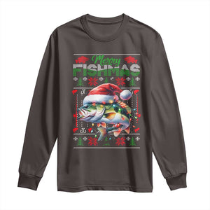 Christmas Fishing Long Sleeve Shirt Merry Fishmas Fisherman Santa Hat Fish TS09 Dark Chocolate Print Your Wear