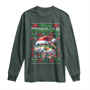 Christmas Fishing Long Sleeve Shirt Merry Fishmas Fisherman Santa Hat Fish TS09 Dark Forest Green Print Your Wear