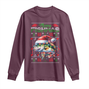 Christmas Fishing Long Sleeve Shirt Merry Fishmas Fisherman Santa Hat Fish TS09 Maroon Print Your Wear