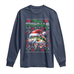 Christmas Fishing Long Sleeve Shirt Merry Fishmas Fisherman Santa Hat Fish TS09 Navy Print Your Wear