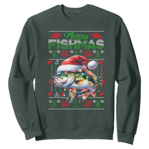 Christmas Fishing Sweatshirt Merry Fishmas Fisherman Santa Hat Fish TS09 Dark Forest Green Print Your Wear