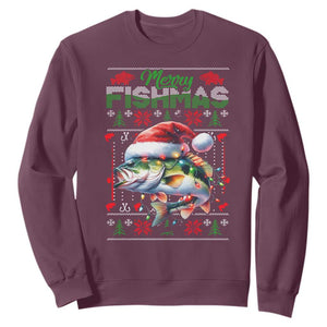 Christmas Fishing Sweatshirt Merry Fishmas Fisherman Santa Hat Fish TS09 Maroon Print Your Wear