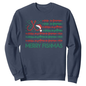 Christmas Fishing Sweatshirt Merry Fishmas Fisherman American Flag TS09 Navy Print Your Wear