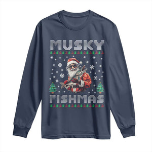 Christmas Muskie Fishing Long Sleeve Shirt Musky Fishmas Fisherman TS09 Navy Print Your Wear