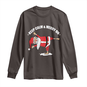 Funny Christmas Yoga Long Sleeve Shirt Keep Calm And Merry On TS09 Dark Chocolate Print Your Wear