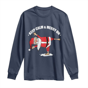 Funny Christmas Yoga Long Sleeve Shirt Keep Calm And Merry On TS09 Navy Print Your Wear