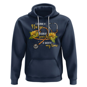 I Became A Nurse Because Your Life Is Worth My Time Sunflower Butterfly Hoodie TS09 Navy Printyourwear