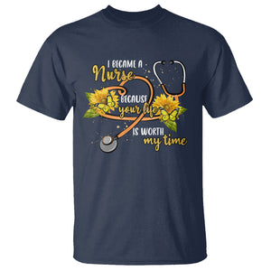 I Became A Nurse Because Your Life Is Worth My Time Sunflower Butterfly T Shirt TS09 Navy Printyourwear