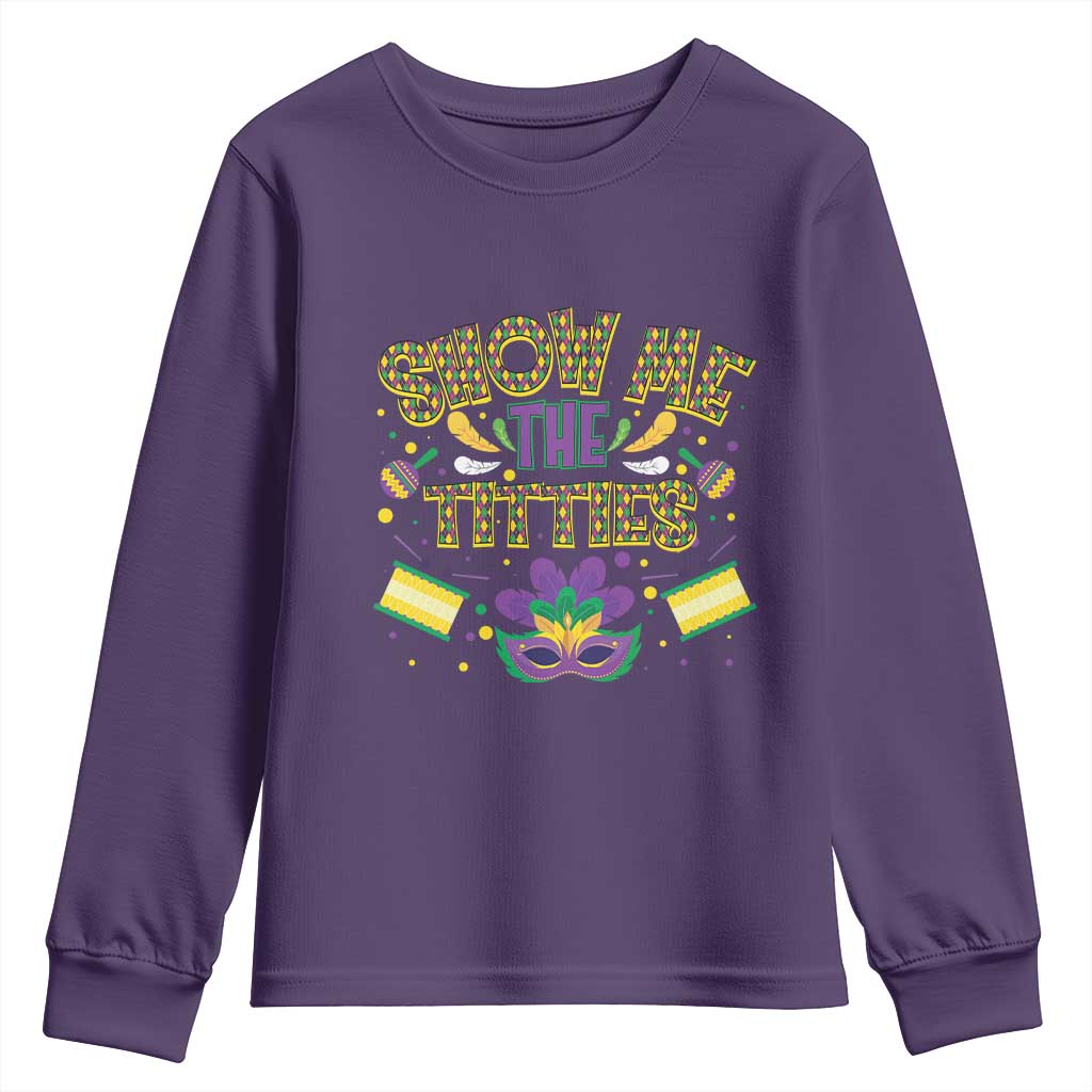 Mardi Gras Youth Sweatshirt Show Me The Titties Funny Party TS09 Purple Print Your Wear