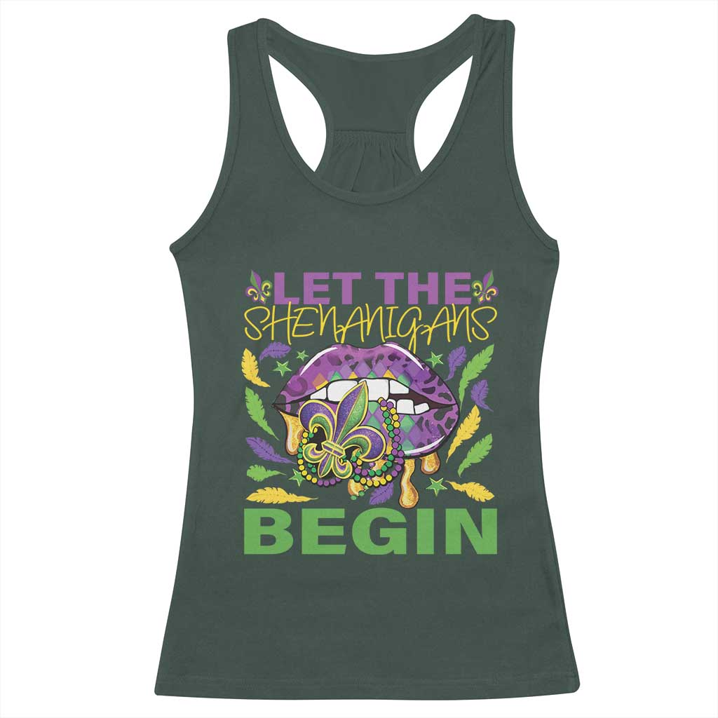 Mardi Gras Racerback Tank Top Let The Shenanigans Begin Leopard Lips TS09 Dark Forest Green Print Your Wear