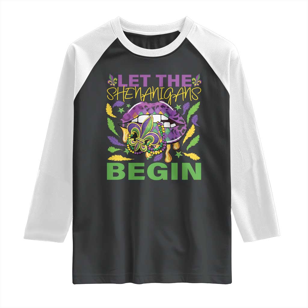 Mardi Gras Raglan Shirt Let The Shenanigans Begin Leopard Lips TS09 Black White Print Your Wear