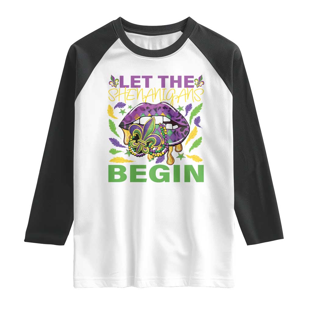 Mardi Gras Raglan Shirt Let The Shenanigans Begin Leopard Lips TS09 White Black Print Your Wear