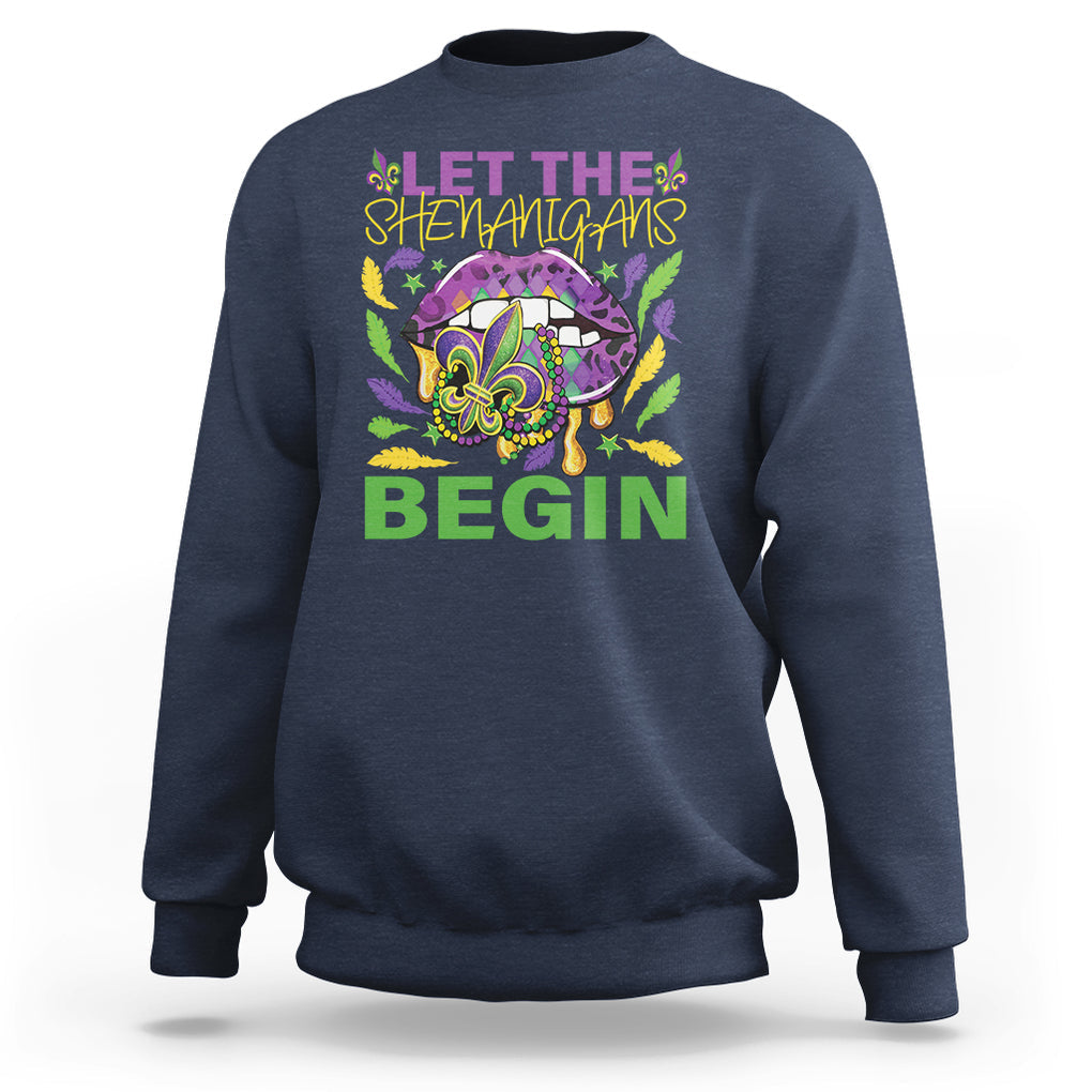Mardi Gras Sweatshirt Let The Shenanigans Begin Leopard Lips TS09 Navy Printyourwear