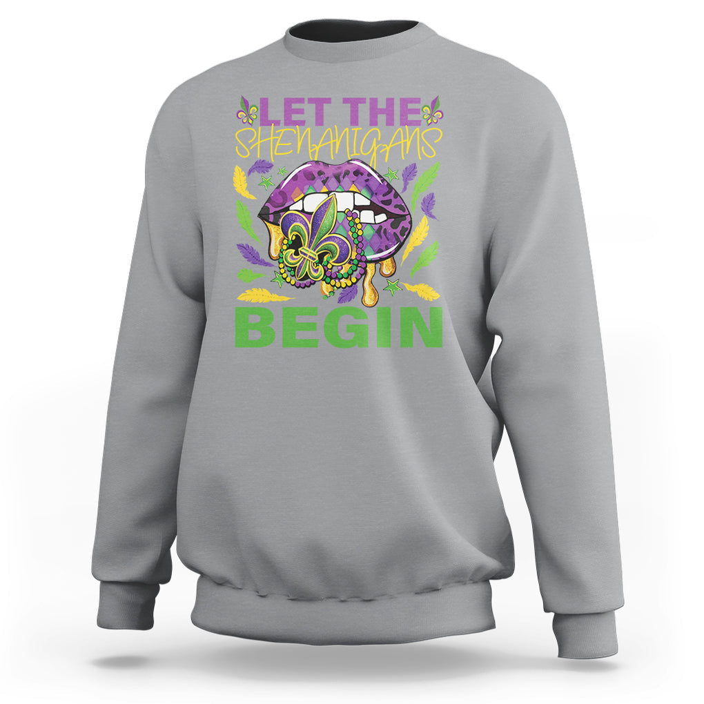 Mardi Gras Sweatshirt Let The Shenanigans Begin Leopard Lips TS09 Sport Gray Printyourwear