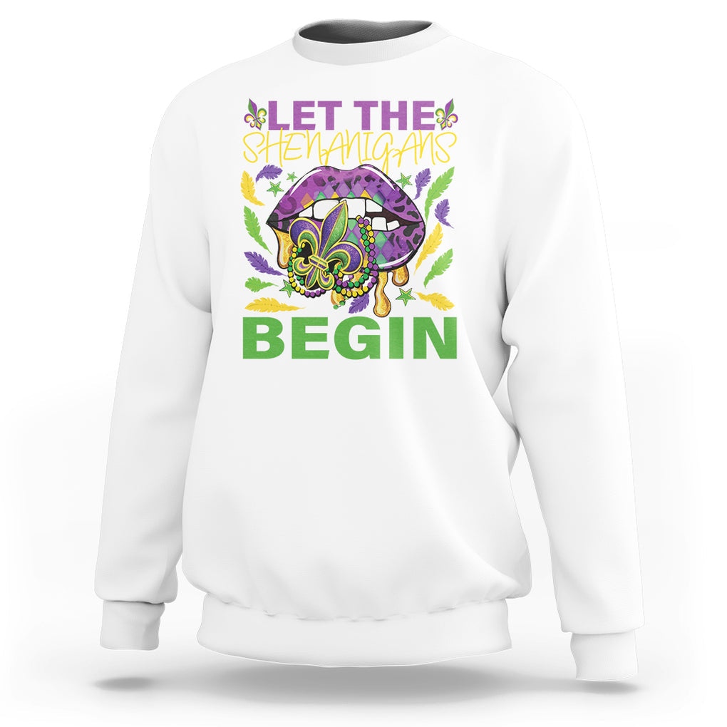 Mardi Gras Sweatshirt Let The Shenanigans Begin Leopard Lips TS09 White Printyourwear
