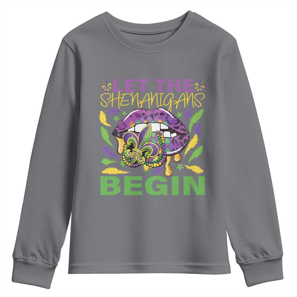 Mardi Gras Youth Sweatshirt Let The Shenanigans Begin Leopard Lips TS09 Charcoal Print Your Wear