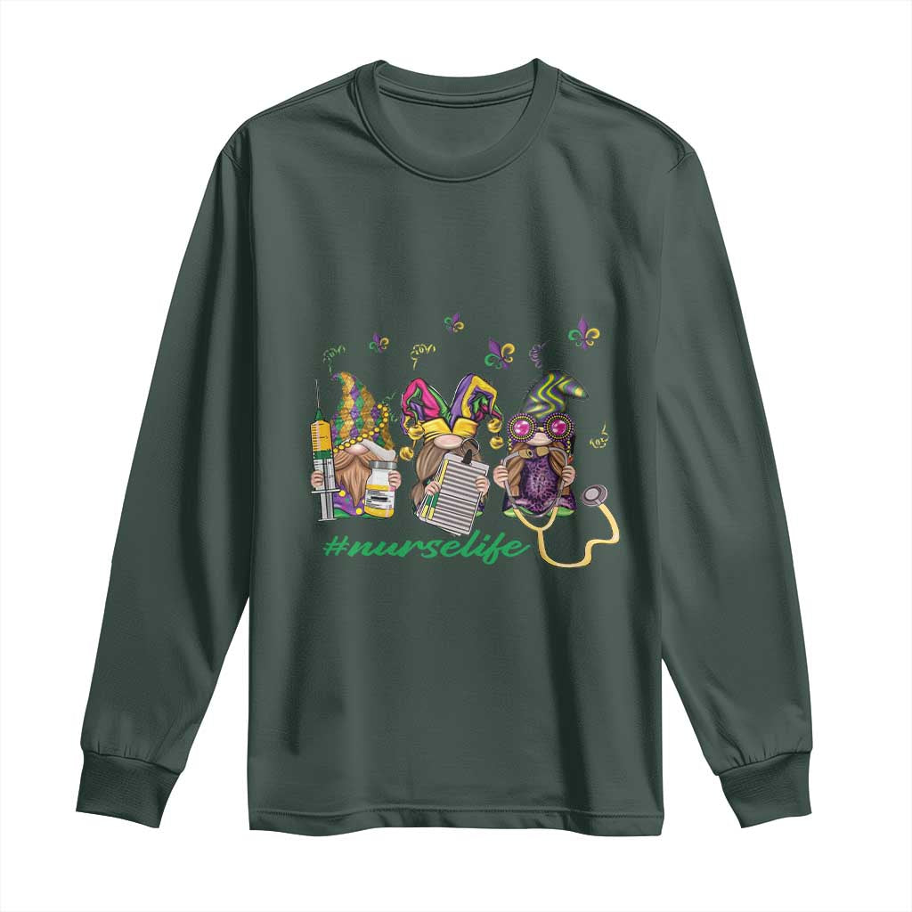 Mardi Gras Long Sleeve Shirt Jester Gnomes Nurse RN ICU NICU ER Scrub TS09 Dark Forest Green Print Your Wear