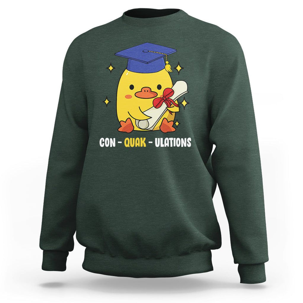 Graduation Sweatshirt Con-quack-ulations Congratulation Graduated Duck TS09 Dark Forest Green Print Your Wear