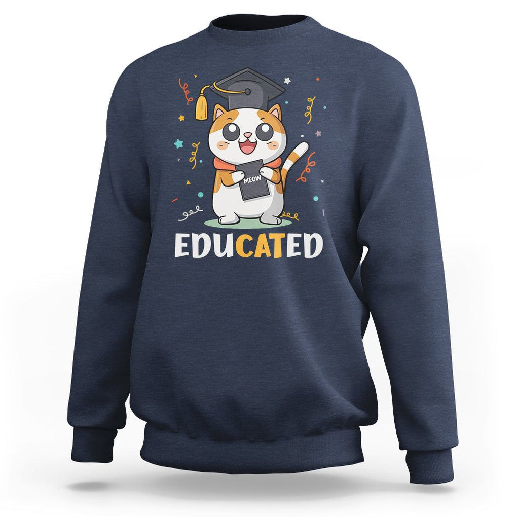 Graduation Cat Lover Sweatshirt Educated Cat Graduated Graduating TS09 Navy Print Your Wear