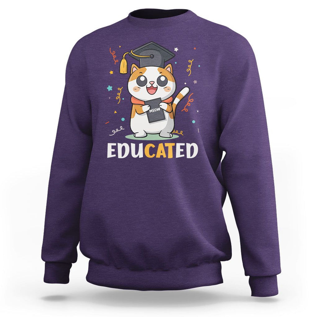 Graduation Cat Lover Sweatshirt Educated Cat Graduated Graduating TS09 Purple Print Your Wear
