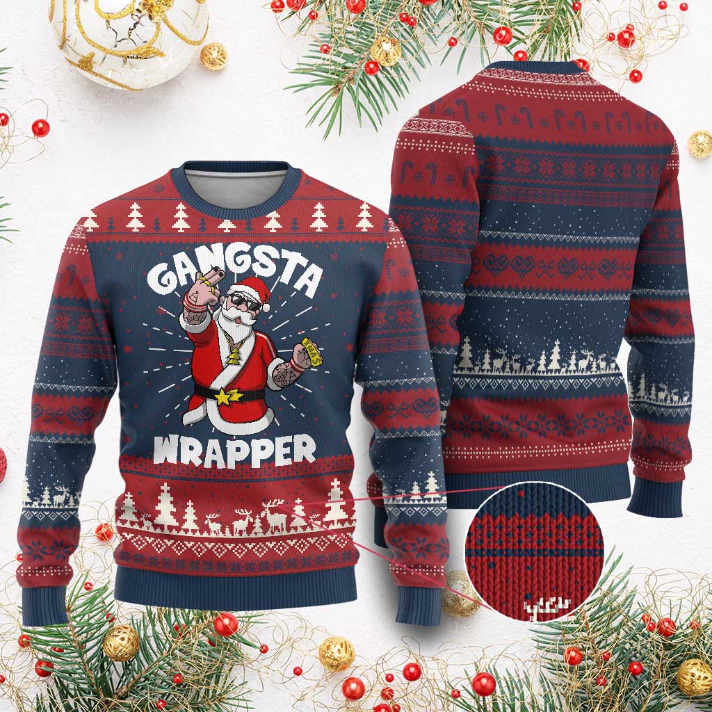 Gangsta Wrapper Funny Xmas Santa Hip Hop Ugly Christmas Sweater TS09 Burgundy Print Your Wear