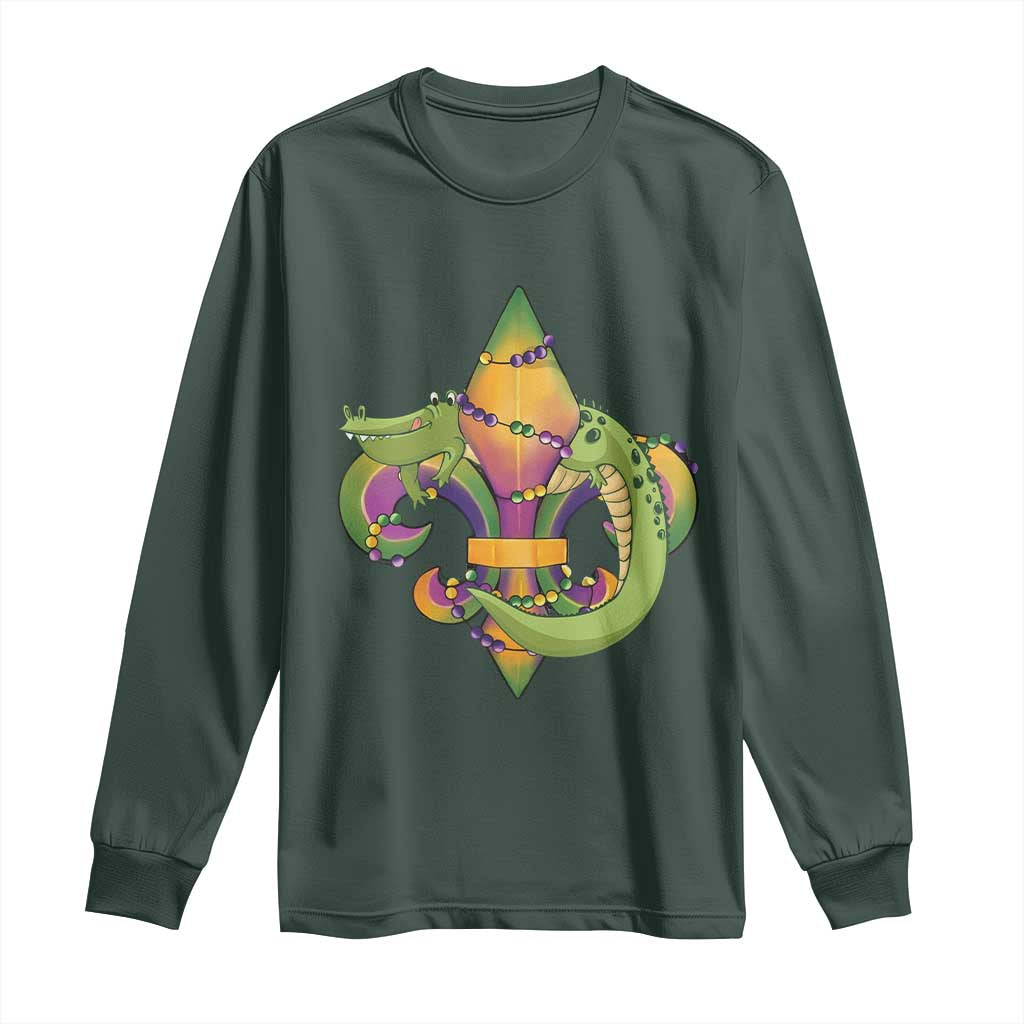 Mardi Gras Alligator Crocodiles Fleur De Lis Long Sleeve Shirt TS09 Dark Forest Green Print Your Wear