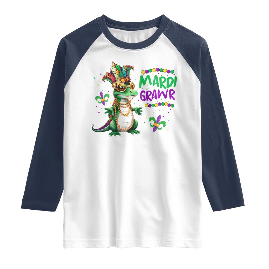 Mardi Grawr Gras Cute Bead Dinosaur Raglan Shirt TS09 White Navy Print Your Wear