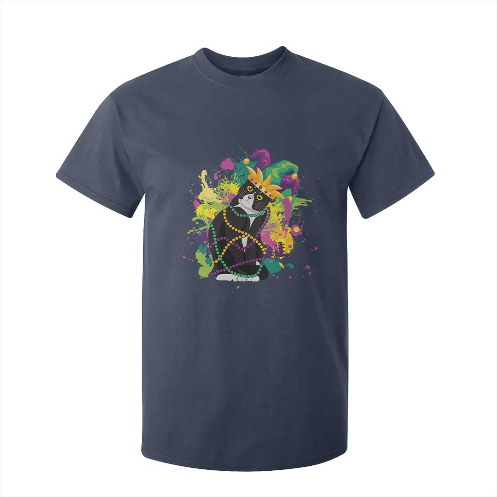 Mardi Gras Funny Tuxedo Cat Meme Beads T Shirt For Kid TS09 Navy Print Your Wear
