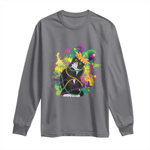 Mardi Gras Funny Tuxedo Cat Meme Beads Long Sleeve Shirt TS09 Charcoal Print Your Wear