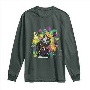 Mardi Gras Funny Tuxedo Cat Meme Beads Long Sleeve Shirt TS09 Dark Forest Green Print Your Wear