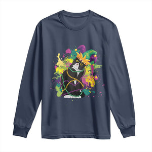 Mardi Gras Funny Tuxedo Cat Meme Beads Long Sleeve Shirt TS09 Navy Print Your Wear