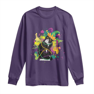 Mardi Gras Funny Tuxedo Cat Meme Beads Long Sleeve Shirt TS09 Purple Print Your Wear