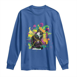 Mardi Gras Funny Tuxedo Cat Meme Beads Long Sleeve Shirt TS09 Royal Blue Print Your Wear