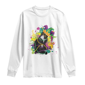 Mardi Gras Funny Tuxedo Cat Meme Beads Long Sleeve Shirt TS09 White Print Your Wear