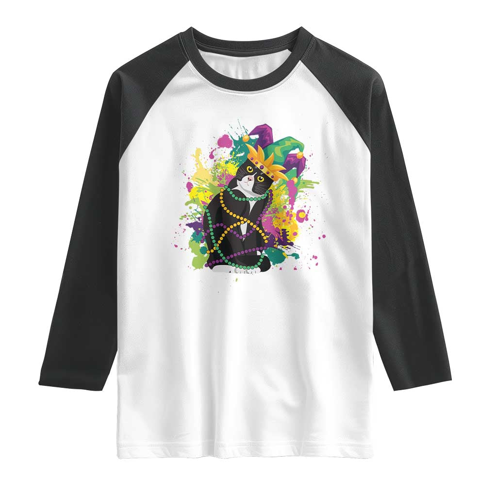 Mardi Gras Funny Tuxedo Cat Meme Beads Raglan Shirt TS09 White Black Print Your Wear
