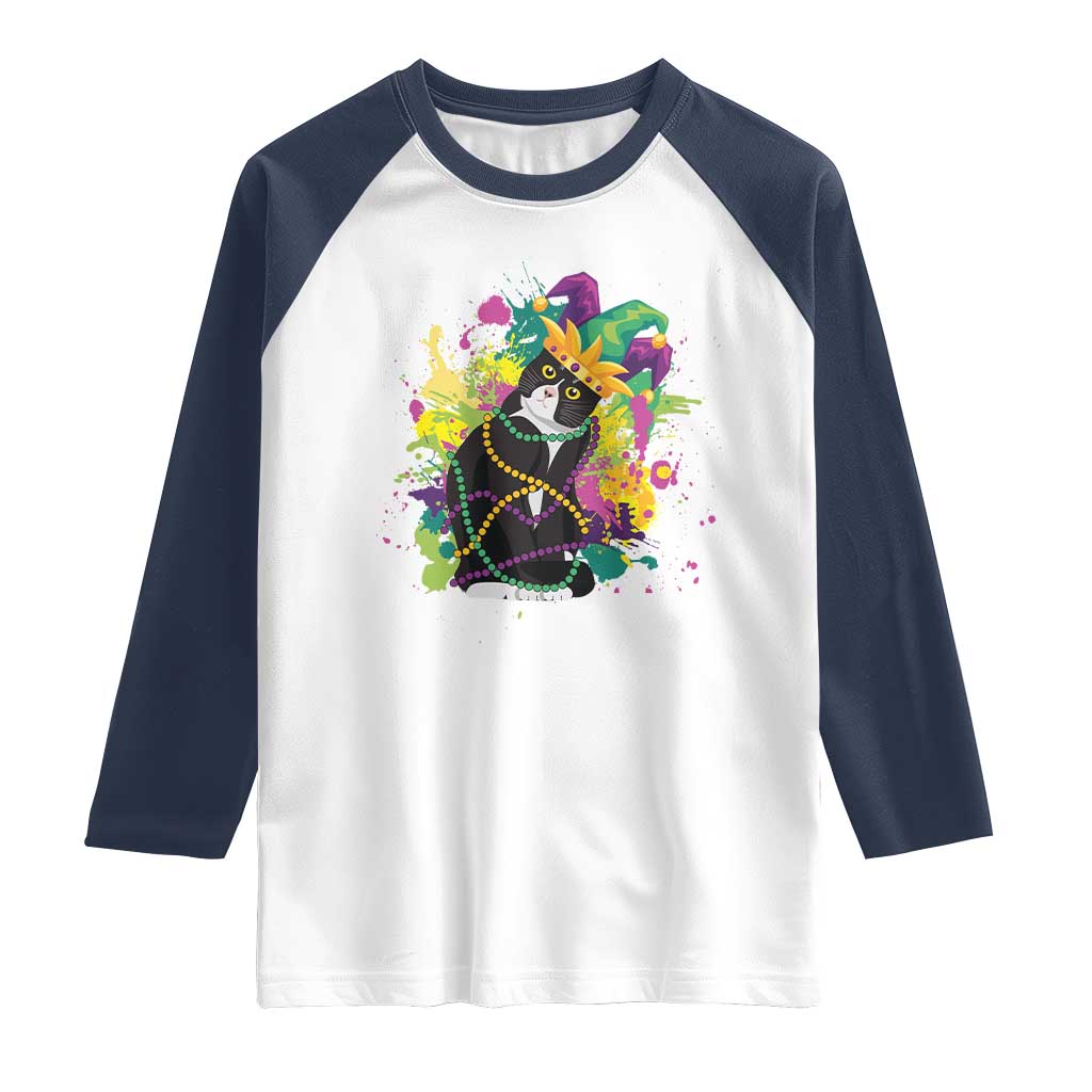 Mardi Gras Funny Tuxedo Cat Meme Beads Raglan Shirt TS09 White Navy Print Your Wear