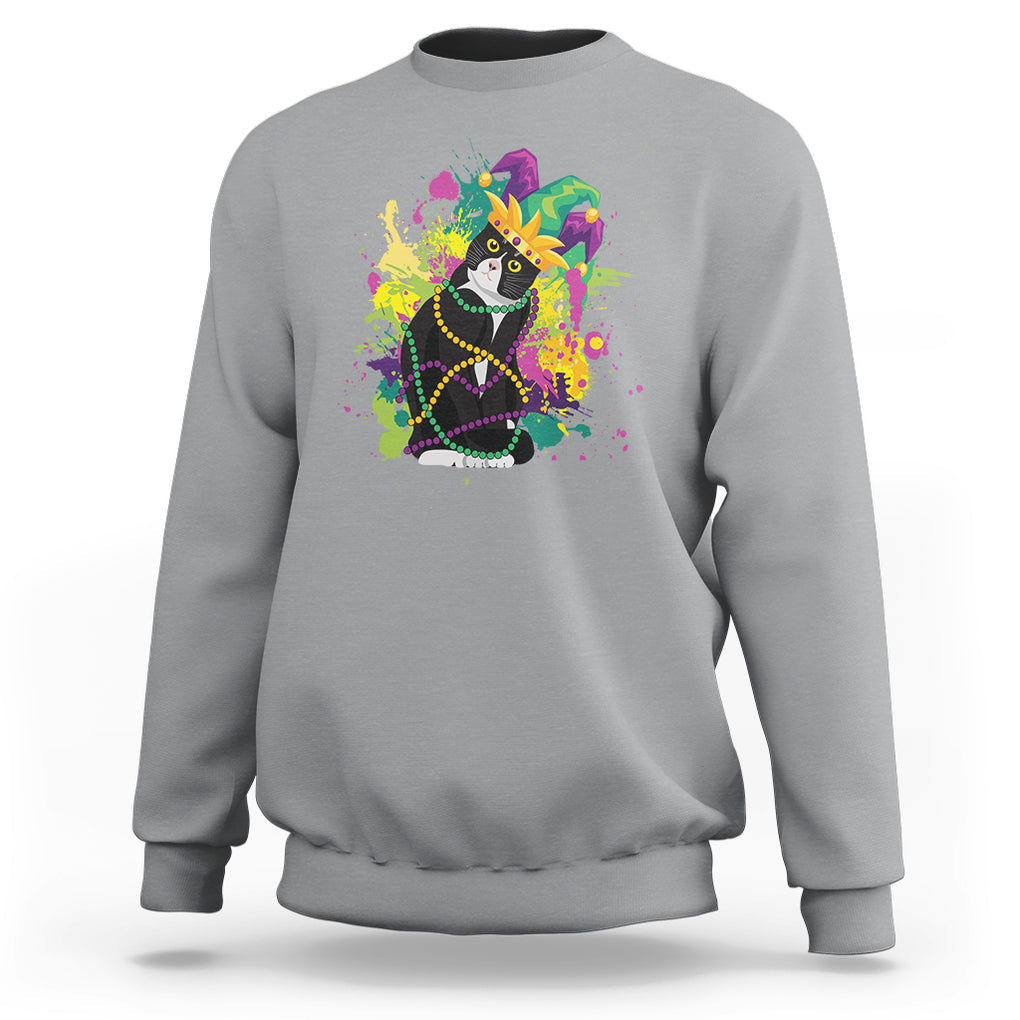 Mardi Gras Funny Tuxedo Cat Meme Beads Sweatshirt TS09 Sport Gray Printyourwear