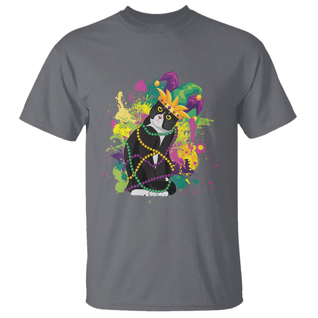Mardi Gras Funny Tuxedo Cat Meme Beads T Shirt TS09 Charcoal Printyourwear