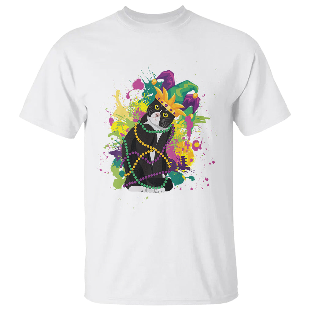 Mardi Gras Funny Tuxedo Cat Meme Beads T Shirt TS09 White Printyourwear