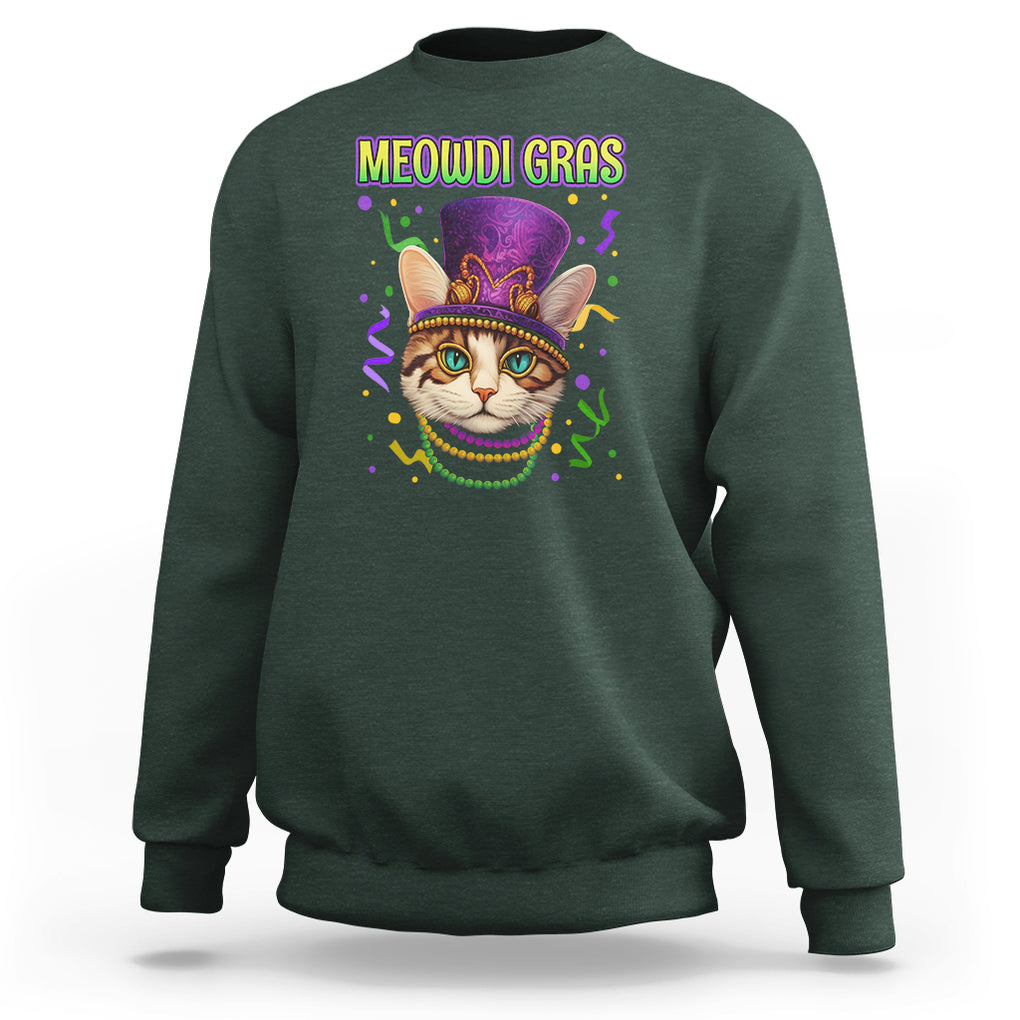 Meowdi Gras Cool Cat Jester Bead Fat Tuesday Sweatshirt TS09 Dark Forest Green Printyourwear