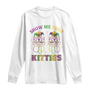 Mardi Gras Long Sleeve Shirt Show Me Your Kitties Cute Cat Masked Jester Hat Bead TS09 White Print Your Wear