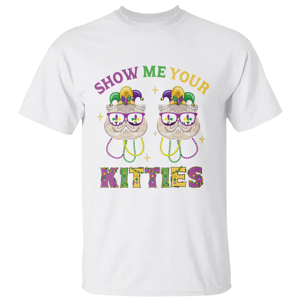 Mardi Gras T Shirt Show Me Your Kitties Cute Cat Masked Jester Hat Bead TS09 White Printyourwear
