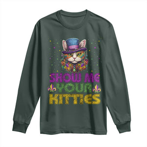 Mardi Gras Long Sleeve Shirt Show Me Your Kitties Cool Cat Jester Hat Bead TS09 Dark Forest Green Print Your Wear