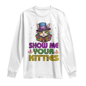 Mardi Gras Long Sleeve Shirt Show Me Your Kitties Cool Cat Jester Hat Bead TS09 White Print Your Wear