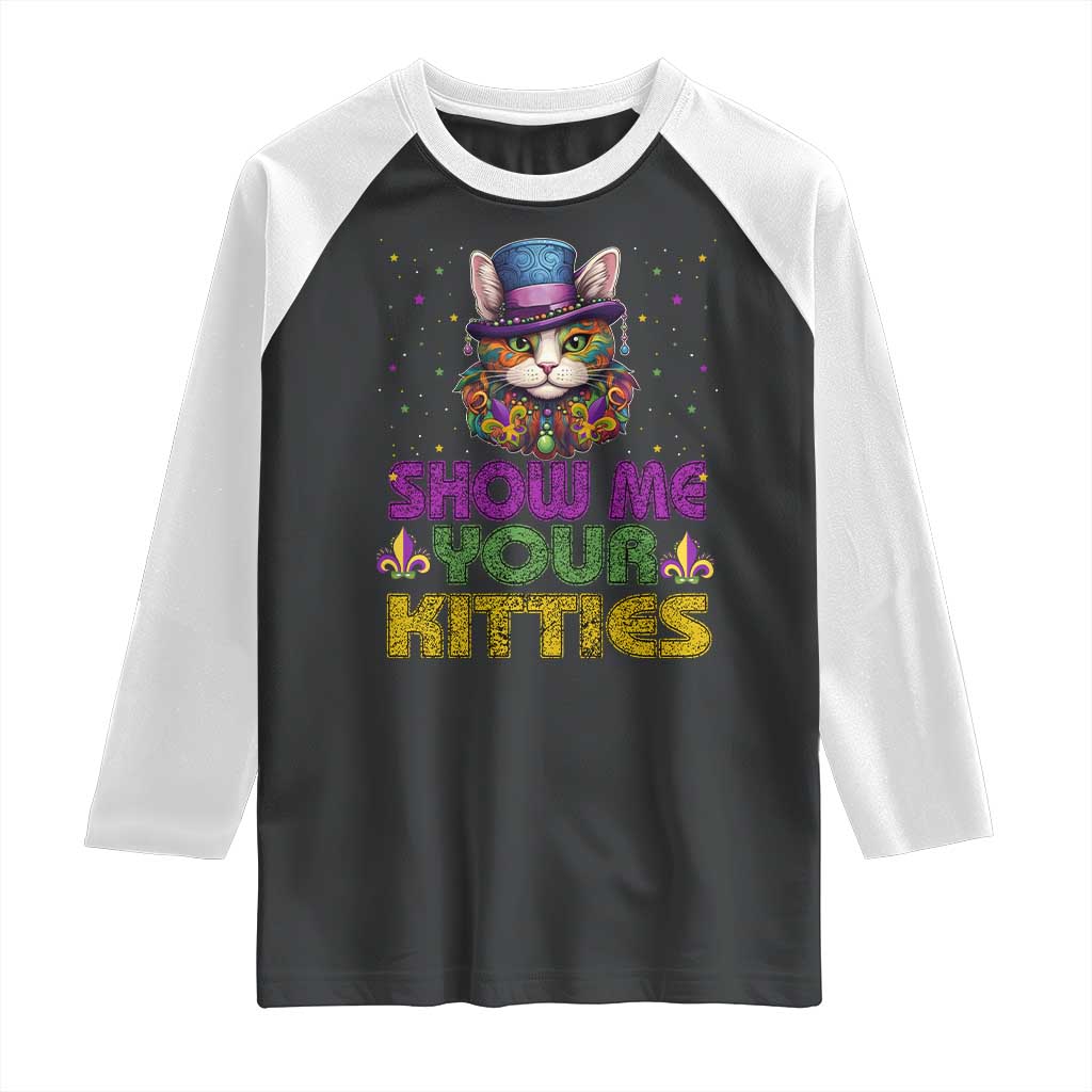 Mardi Gras Raglan Shirt Show Me Your Kitties Cool Cat Jester Hat Bead TS09 Black White Print Your Wear