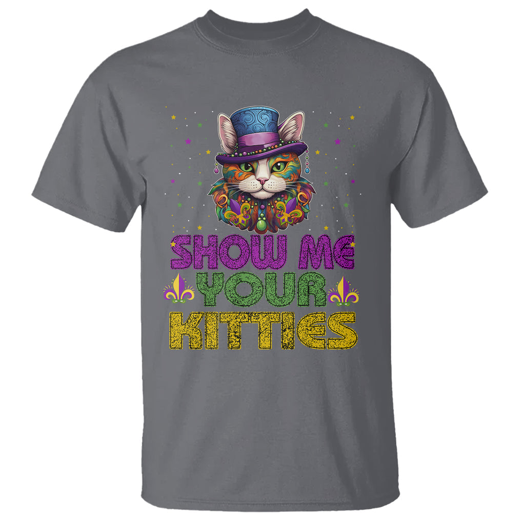 Mardi Gras T Shirt Show Me Your Kitties Cool Cat Jester Hat Bead TS09 Charcoal Printyourwear