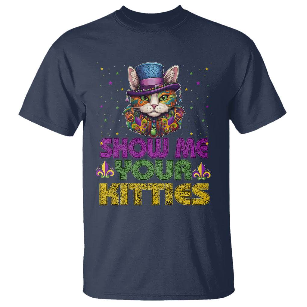 Mardi Gras T Shirt Show Me Your Kitties Cool Cat Jester Hat Bead TS09 Navy Printyourwear
