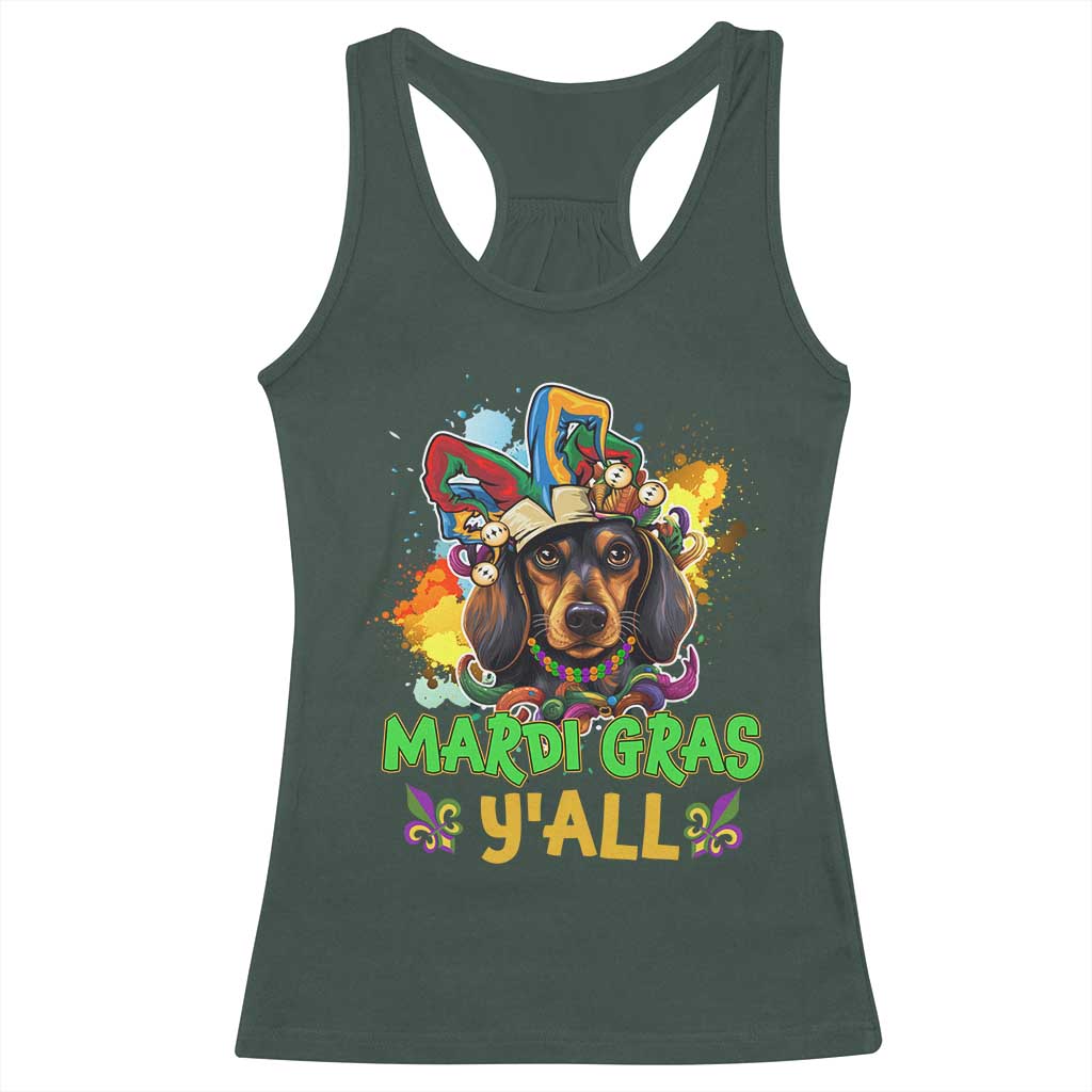 Mardi Gras Y'all Dachshund Dog With Beads Colorful Racerback Tank Top TS09 Dark Forest Green Print Your Wear
